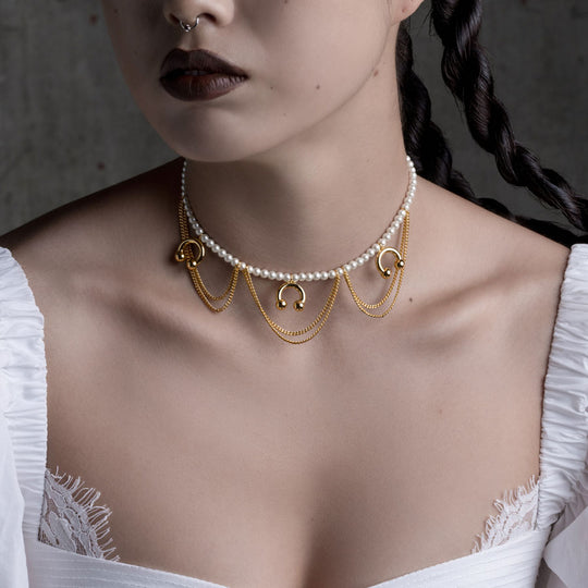 DECADENCE. Pearl & Chunky Barbell Collar - Gold