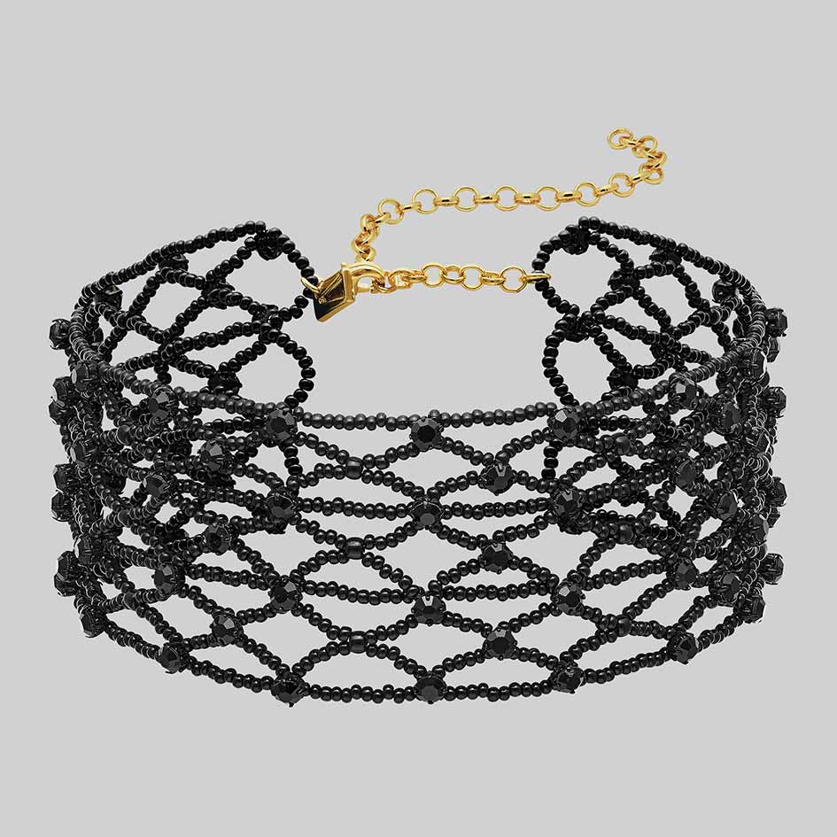 Elspeth wide black glass beaded choker with black cubic zirconia