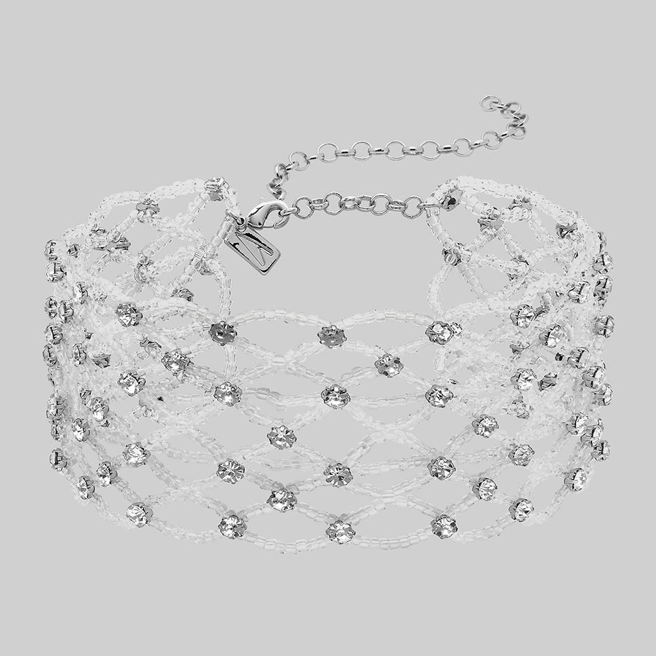 Elspeth wide white glass beaded choker with cubic zirconia