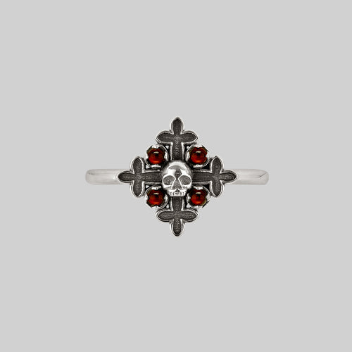 TEMPLE OF CHAMBERS. Garnet CZ Cathedral Ring - Silver