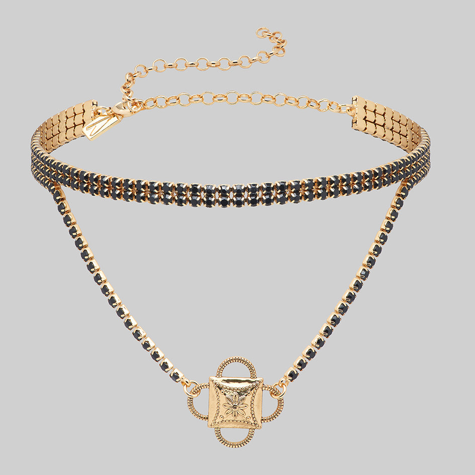 gold double layer black gemstone gothic necklace