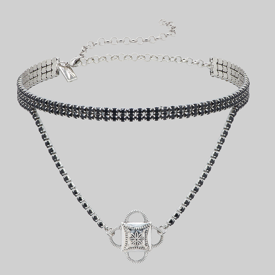 silver black gemstone double layer necklace