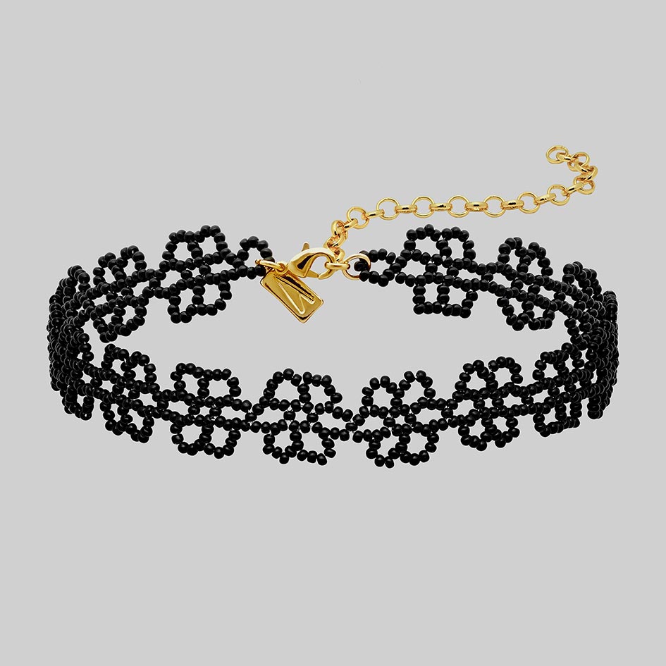 Ermery black glass beaded floral choker with gold plated chain