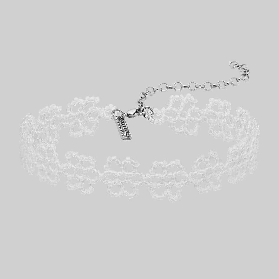 Ermery white glass beaded floral choker with rhodium plated chain