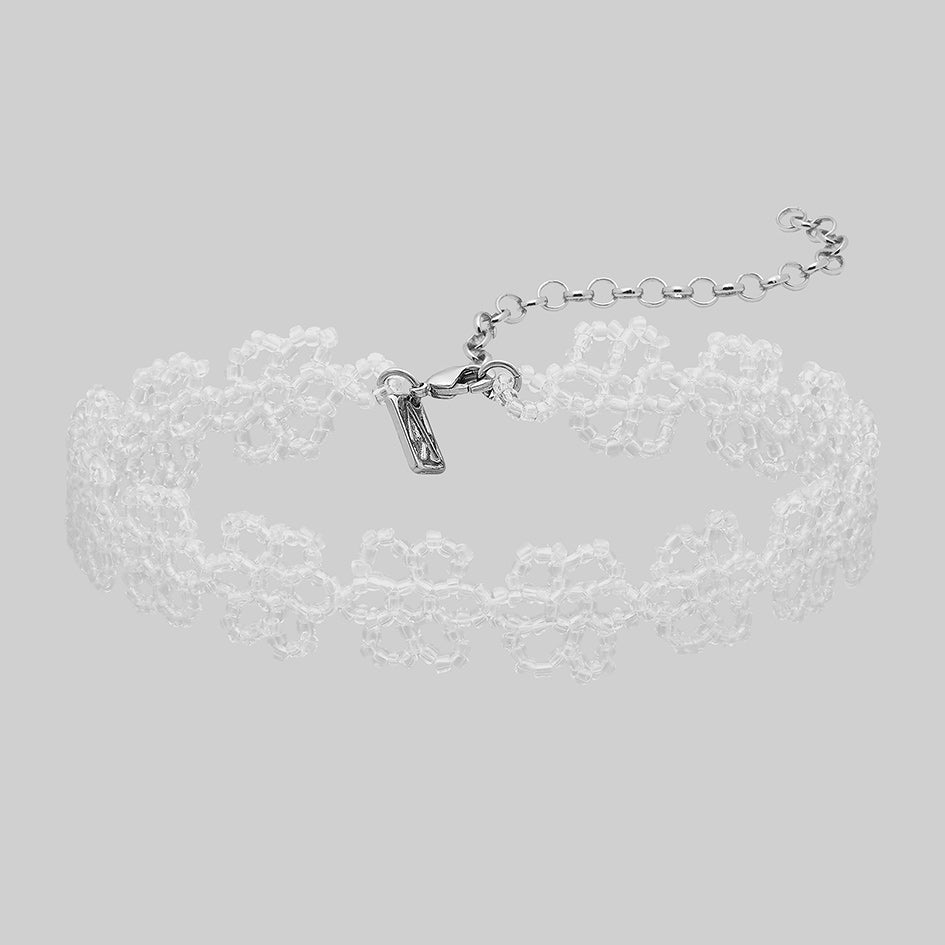Ermery white glass beaded floral choker with rhodium plated chain