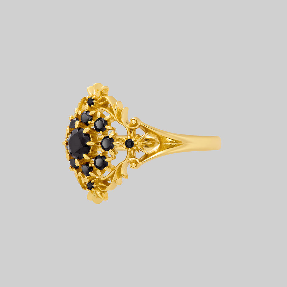 Estienne gold black onyx cluster ring, side view