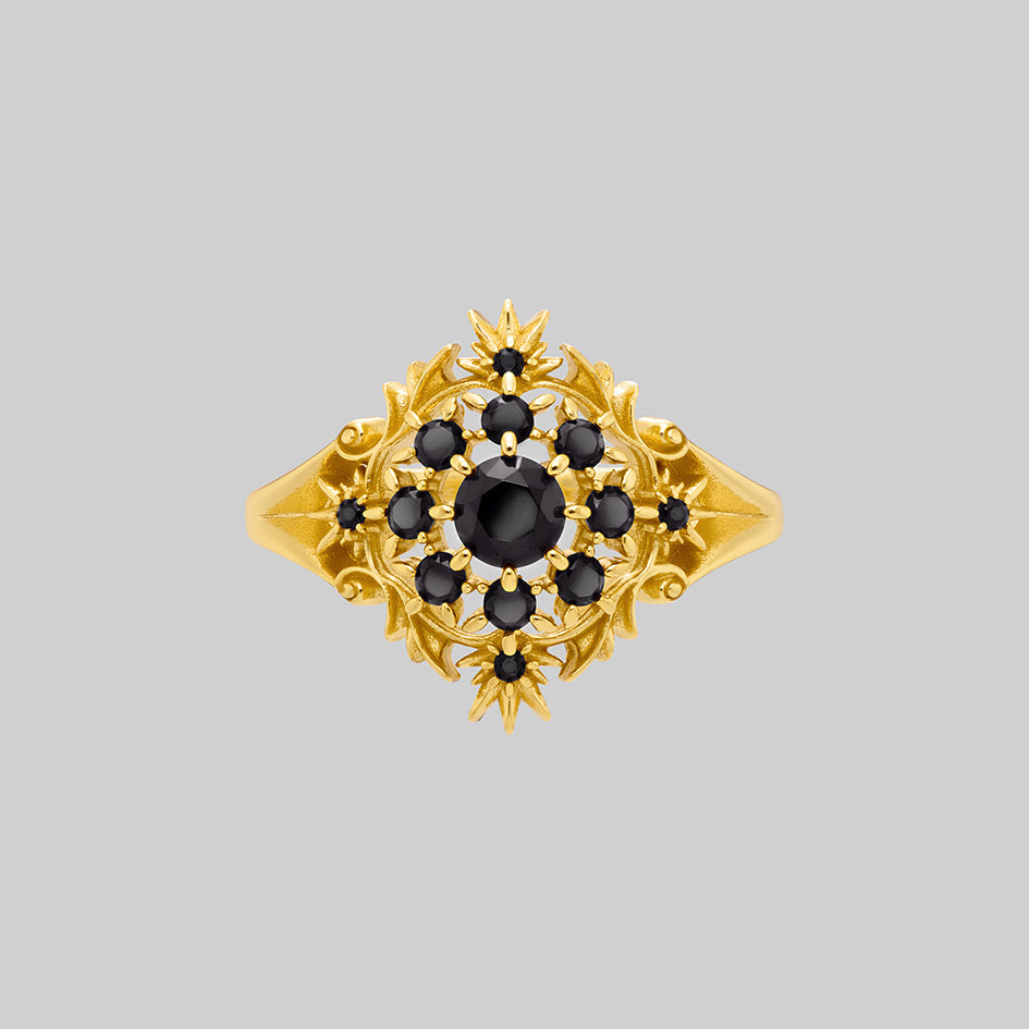 Estienne 18k gold plated silver black onyx cluster ring with heraldic detail