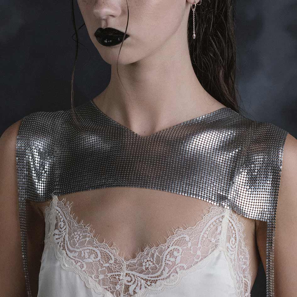 Model wearing Faust silver armoured breastplate