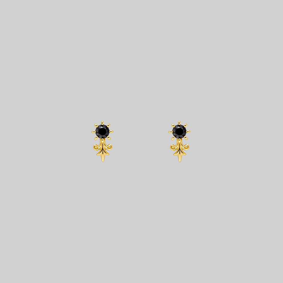 Fiora 18k gold plated silver black onyx stud earrings with heraldic lily detail