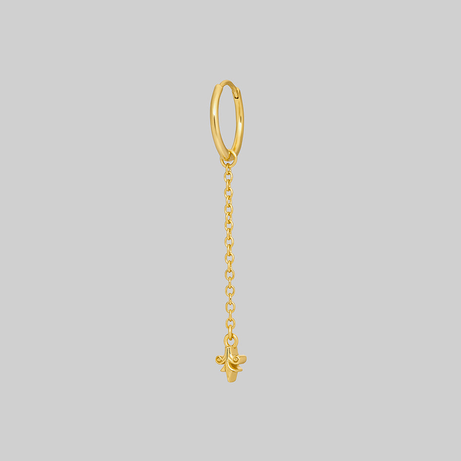 Single Fiora gold heraldic lily drop hoop earring, side view