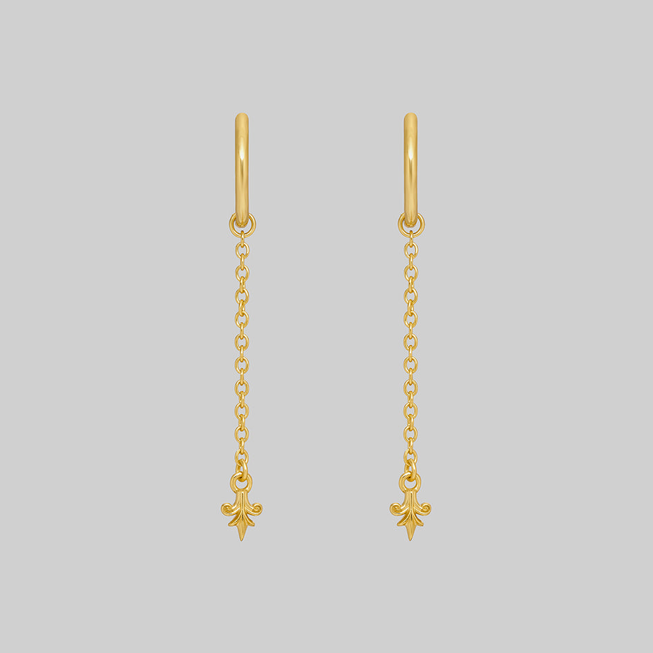 Fiora 18k gold plated silver heraldic lily drop hoop earrings pair