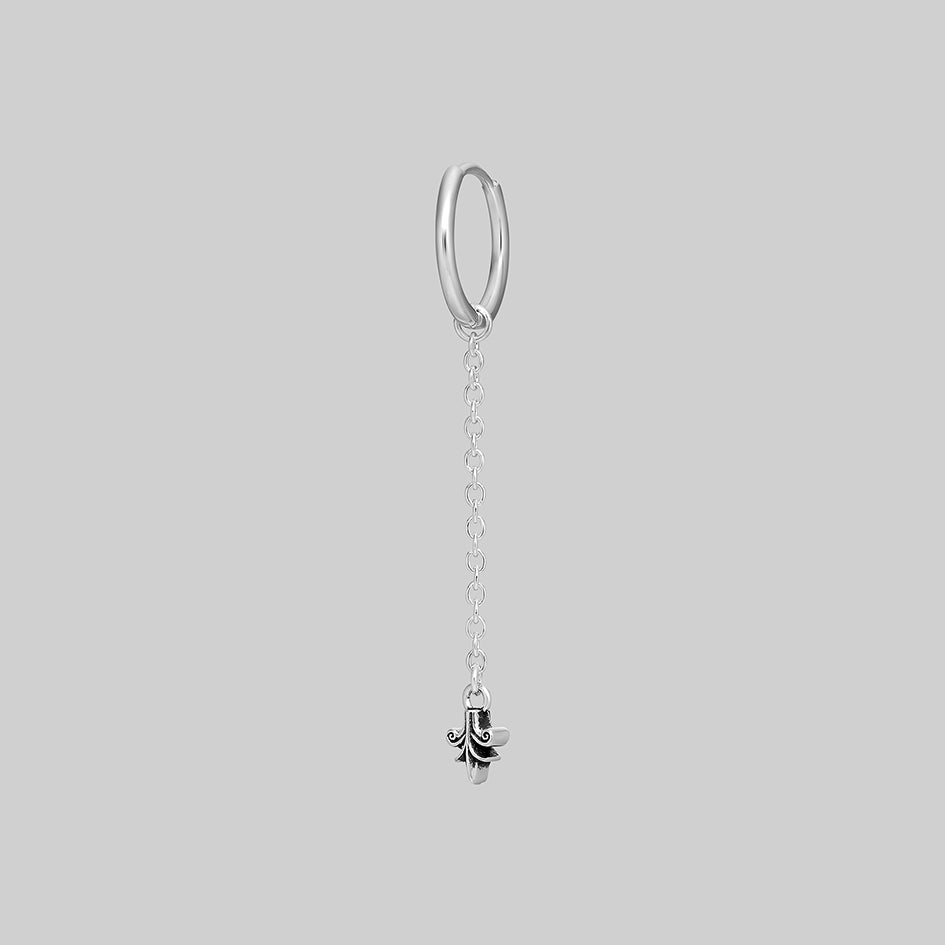 Single Fiora silver heraldic lily drop hoop earring, side view