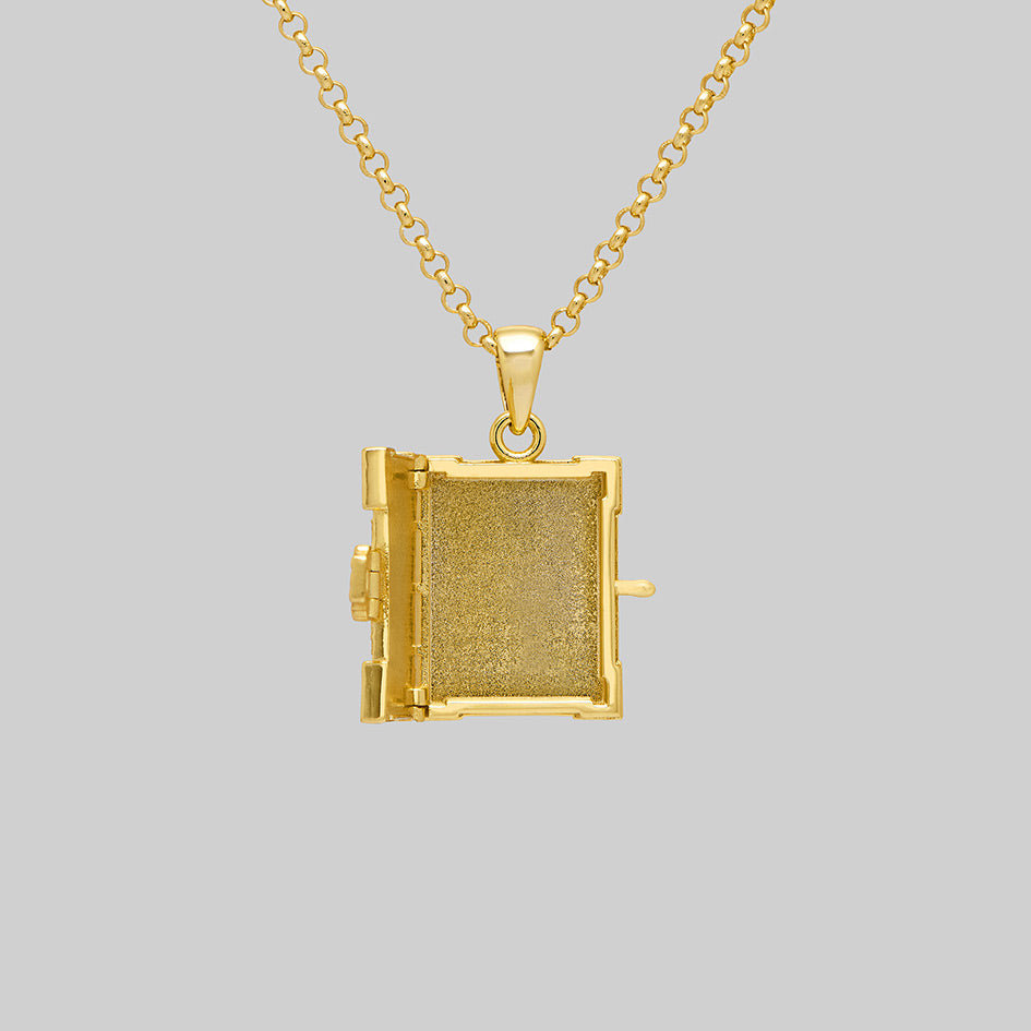 Gold book of spells locket necklace, open