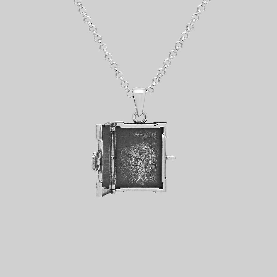 Silver book of spells locket necklace, open