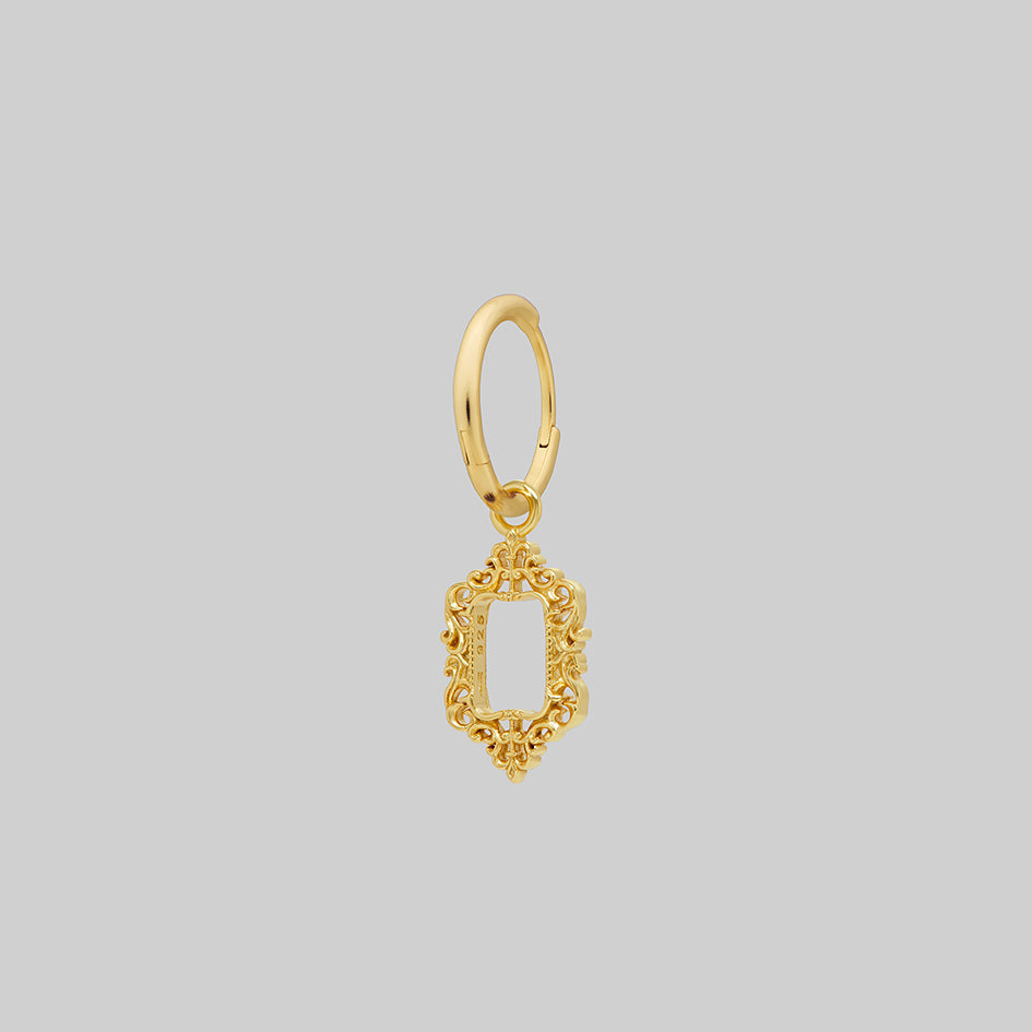 Single gold ornate frame hoop earring, alternative angle