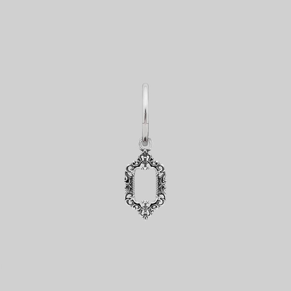 Single silver ornate frame hoop earring