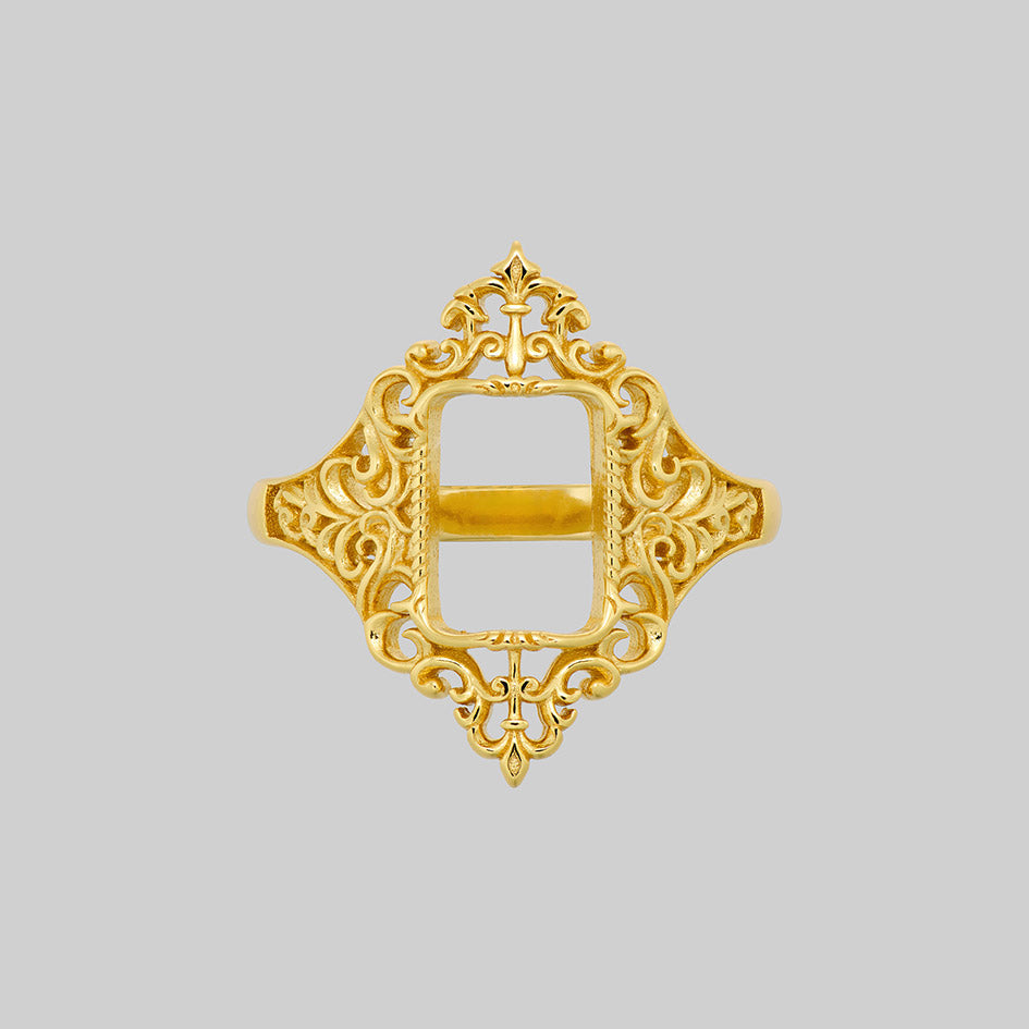 Gold ornate frame ring, front view