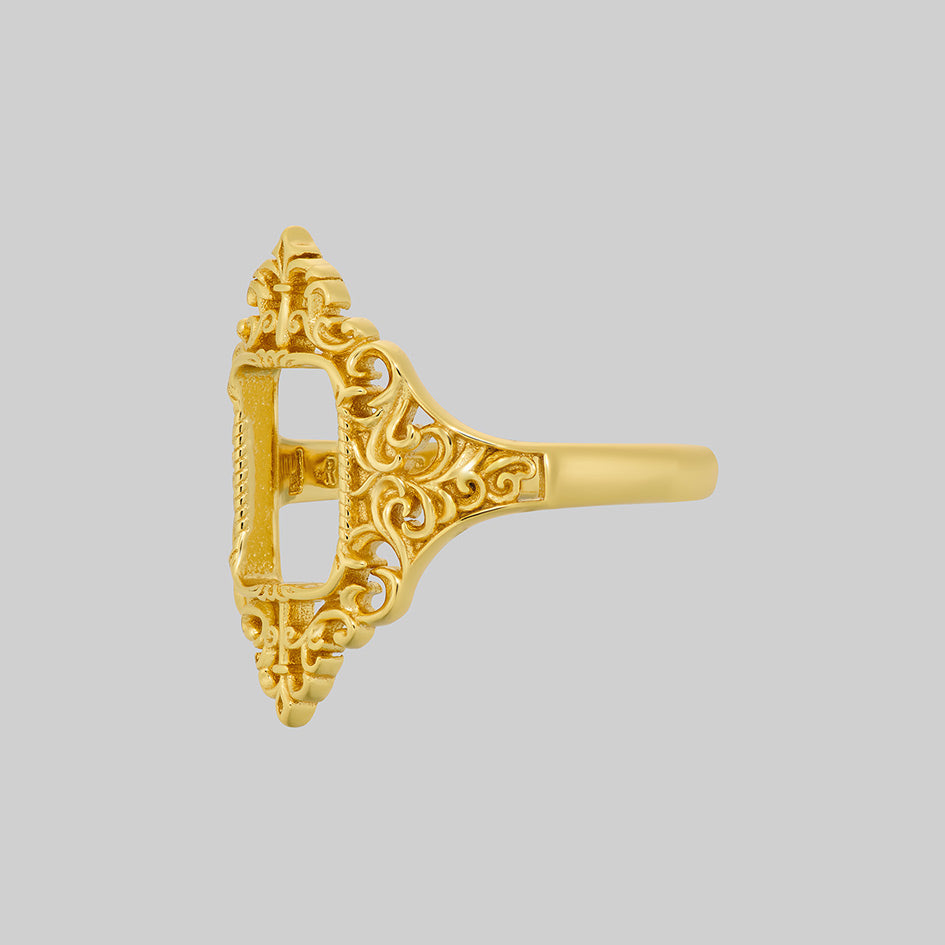Gold ornate frame ring, side view
