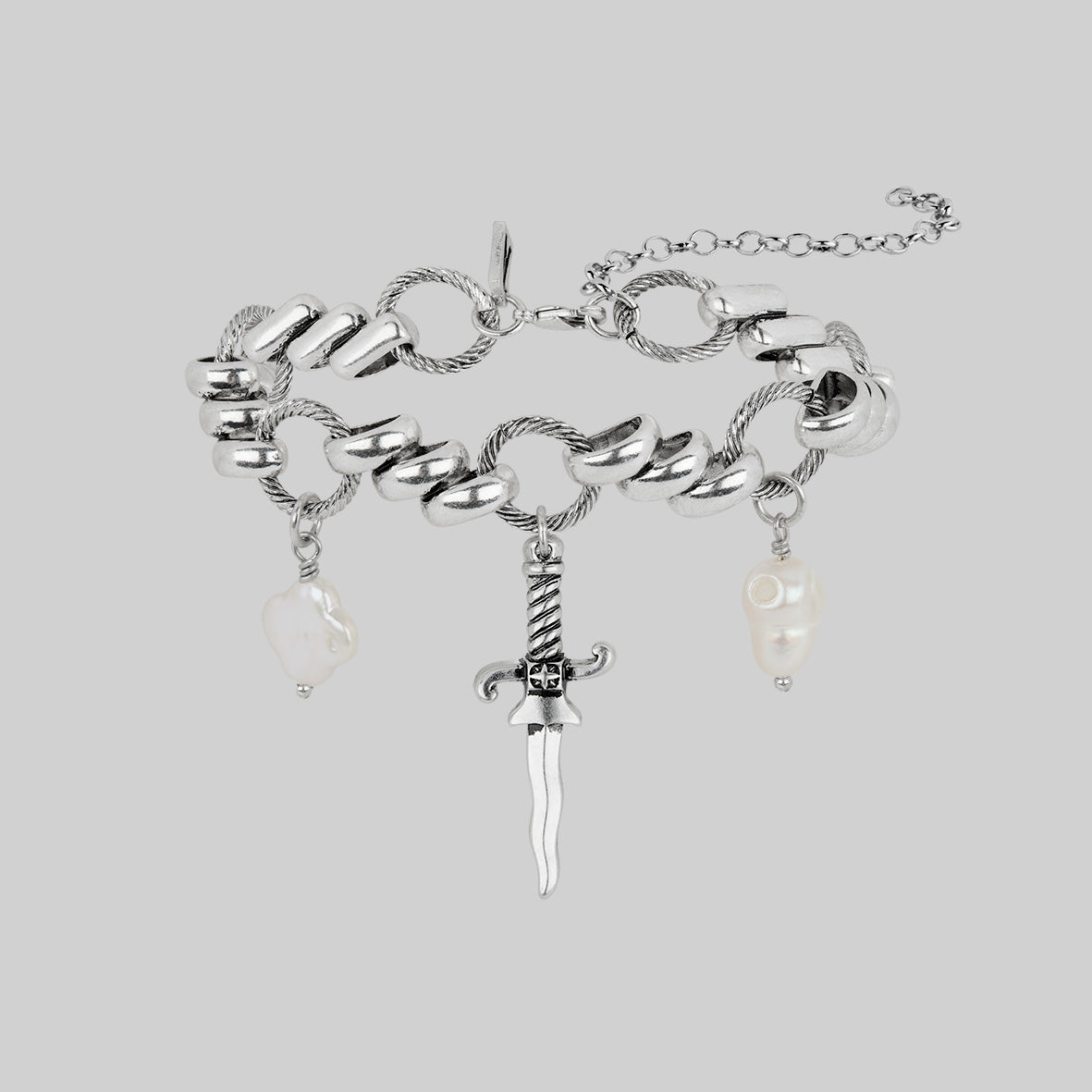 dagger pearl quatrefoil charm gothic bracelet silver twisted rope chain
