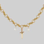 dagger pearl quatrefoil charm gothic necklace gold twisted rope chain