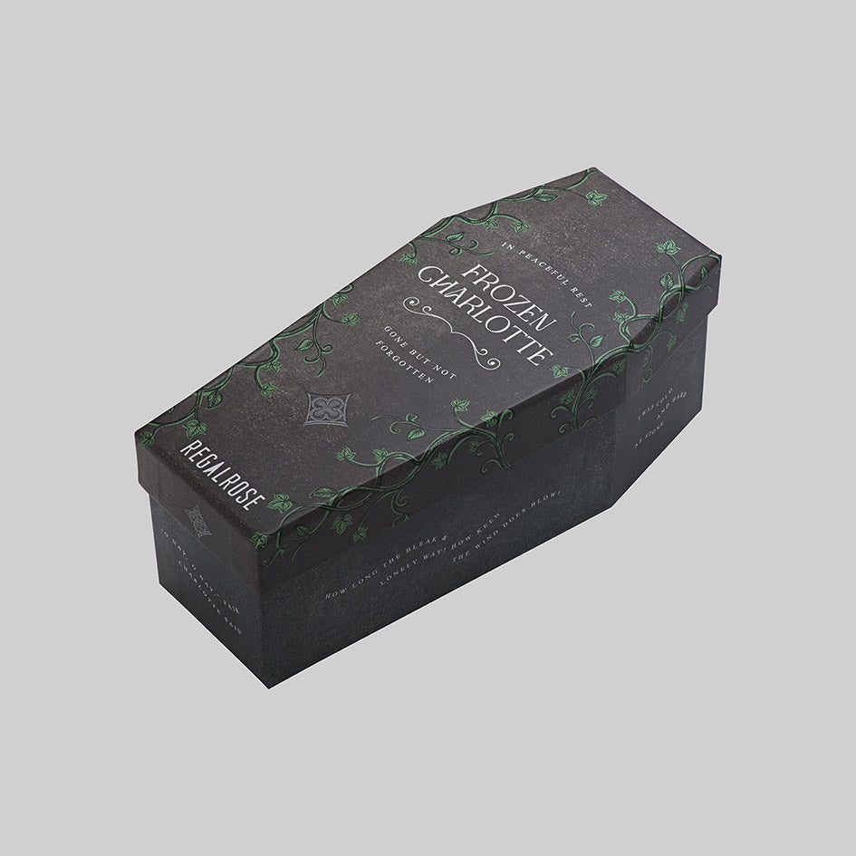 Regalrose Frozen Charlotte coffin-shaped presentation box with ivy vine design, side view