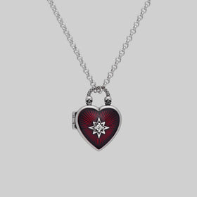 FOREVER YOURS. Red Enamel Heart Locket Necklace - Silver
