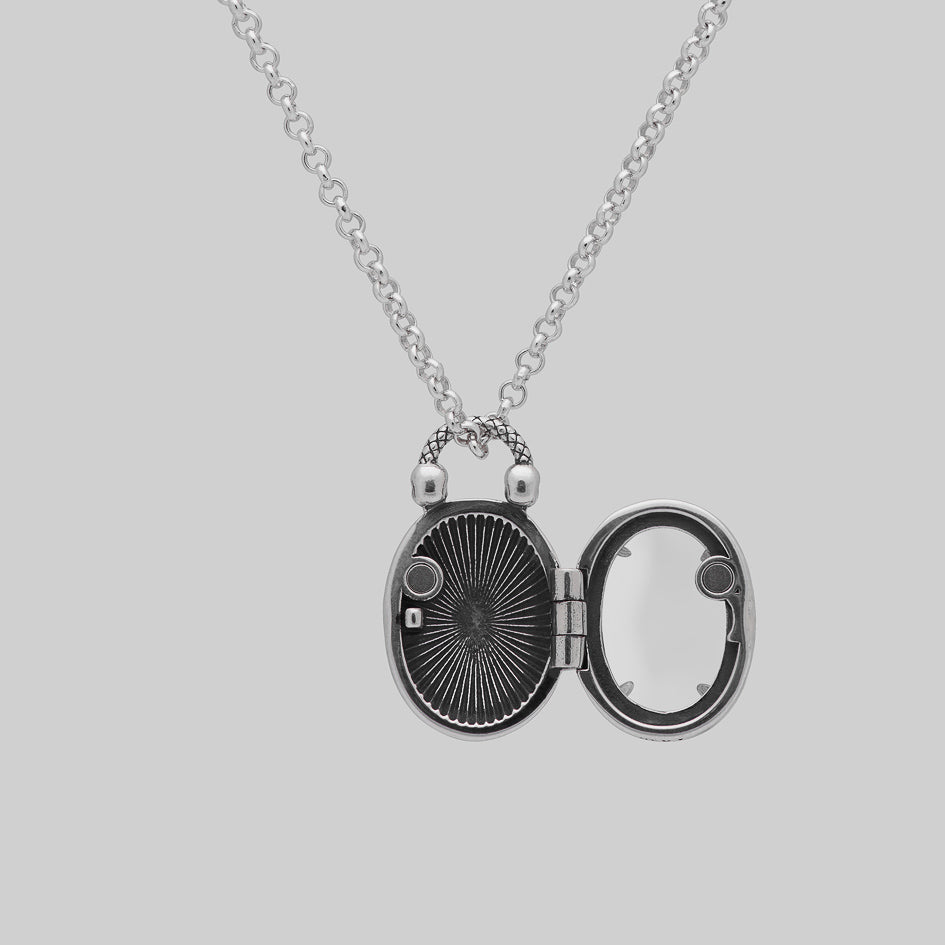 Gothic silver oval black locket georgian inspired skull necklace