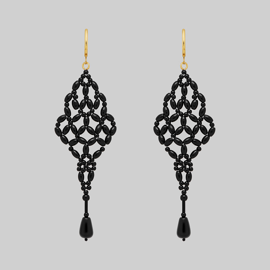 Black beaded chandelier drop earrings with gold hoops, pair