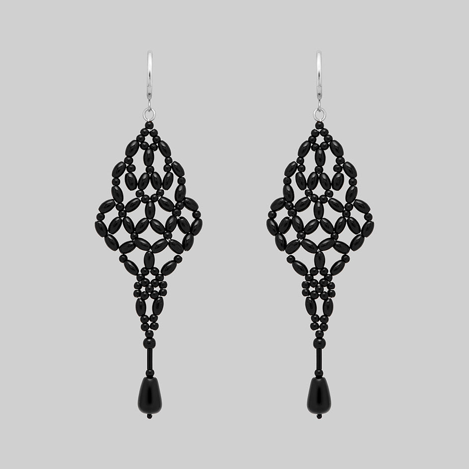 Black beaded chandelier drop earrings with silver hoops, pair