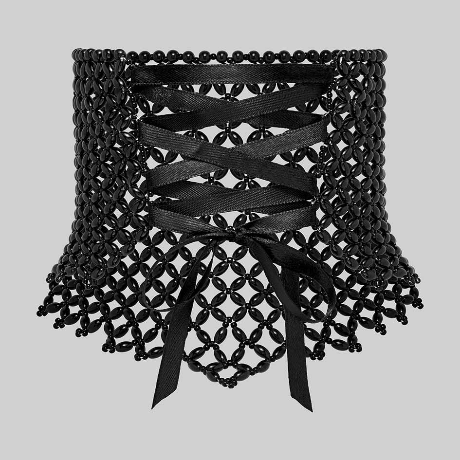 Black beaded corset choker, back with ribbon lacing