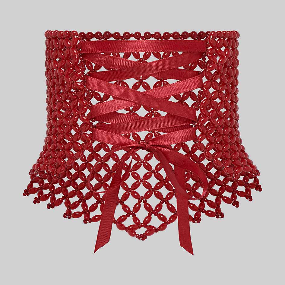 Red beaded corset choker, back with ribbon lacing