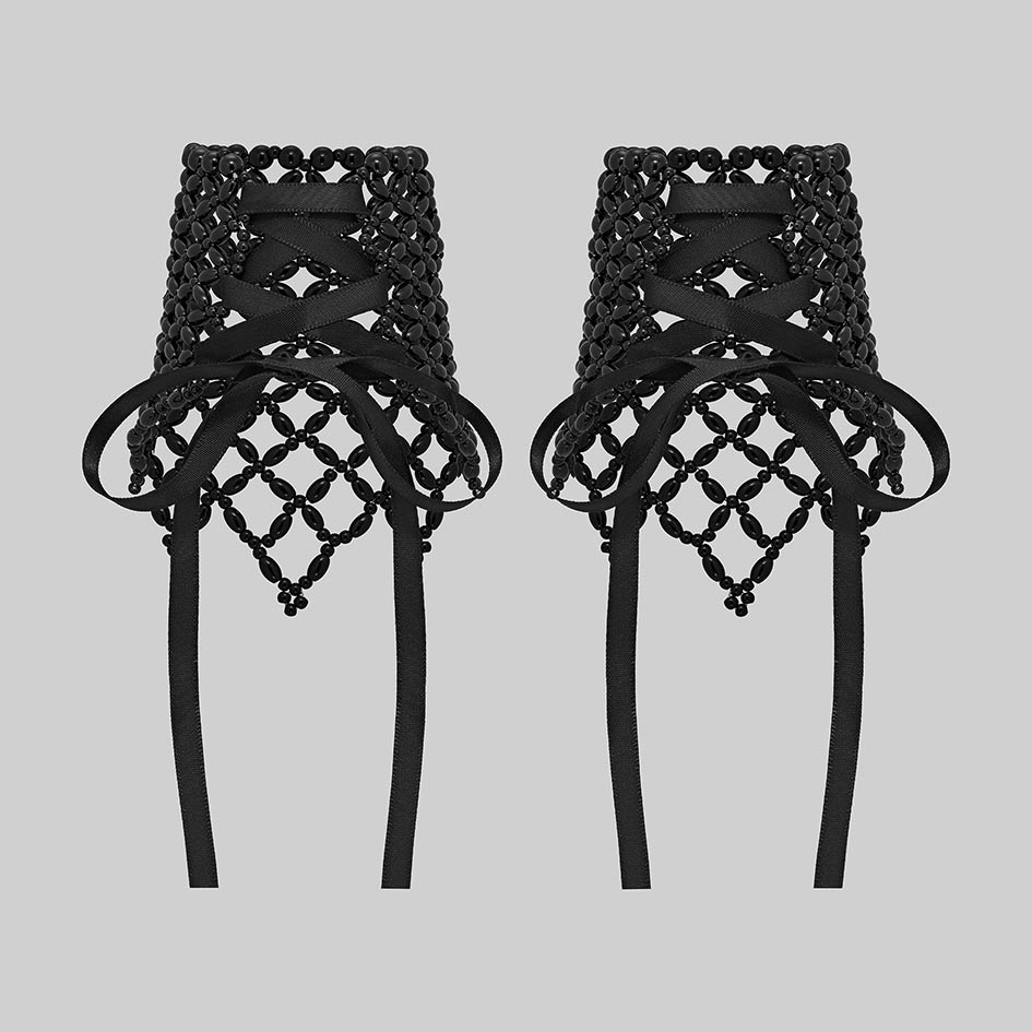 Black beaded corset cuffs, pair, back with ribbon lacing