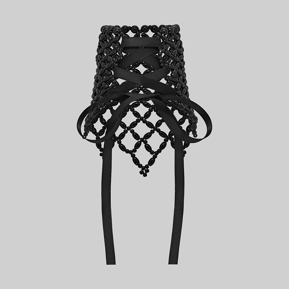 Single black beaded corset cuff, back with ribbon lacing