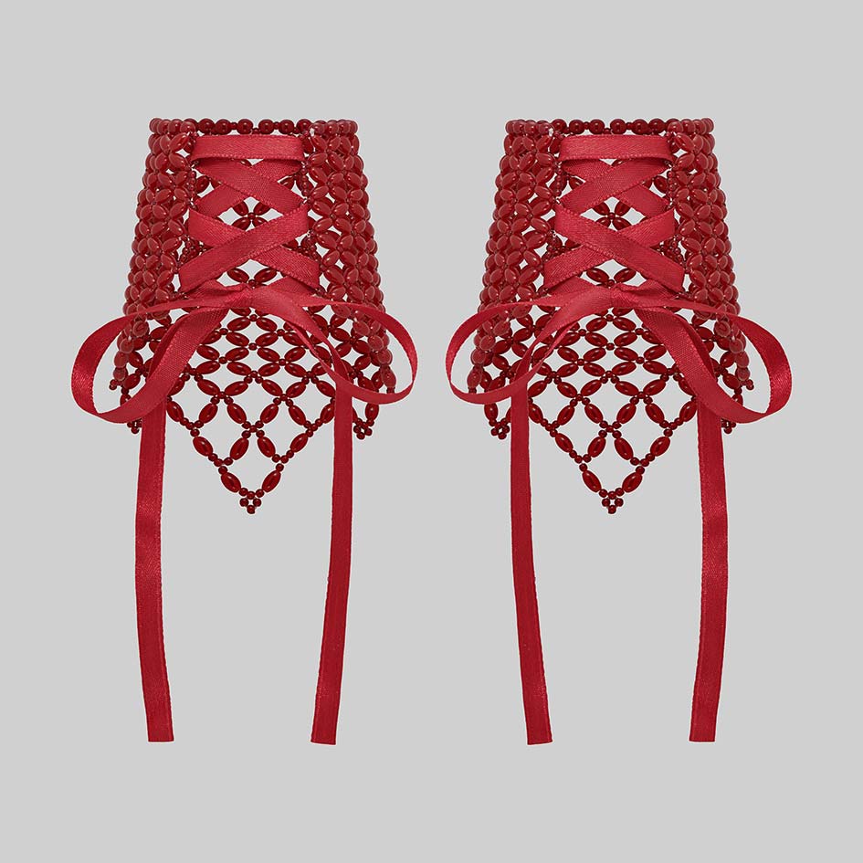 Red beaded corset cuffs, pair, back with ribbon lacing