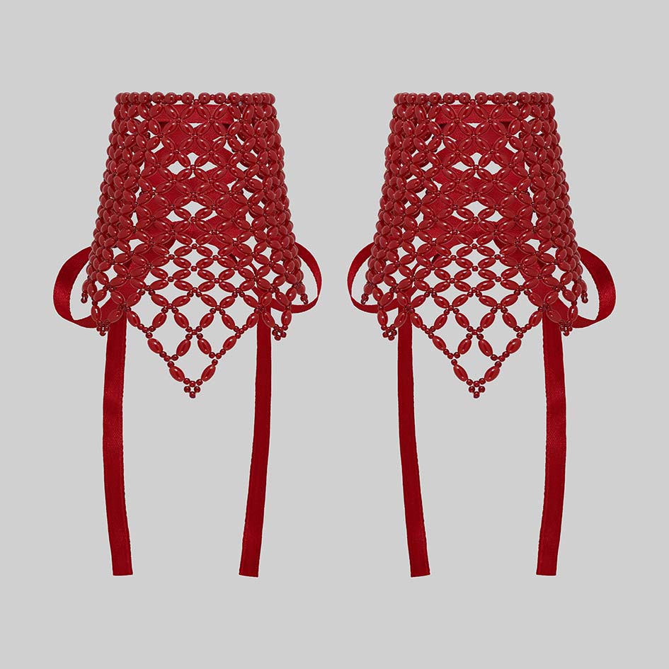 Red beaded corset cuffs, pair, front view