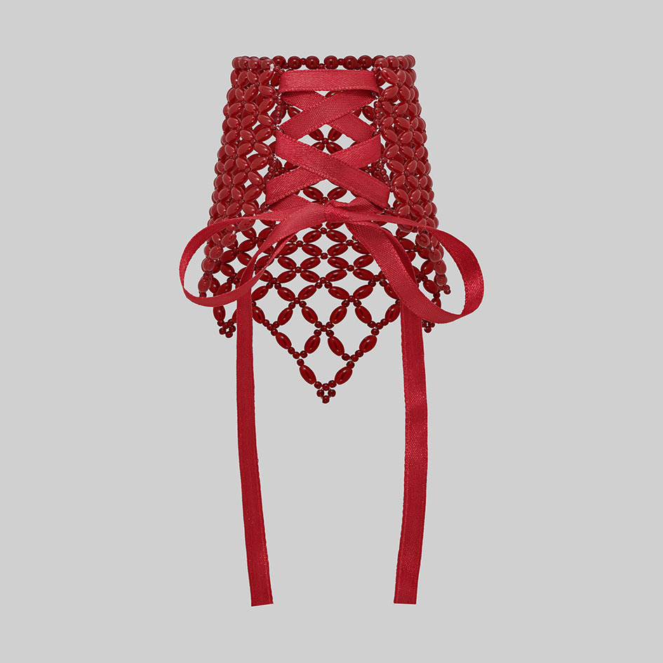 Single red beaded corset cuff, back with ribbon lacing