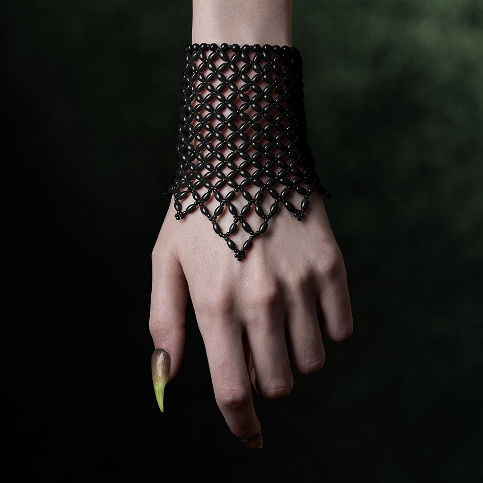Black beaded wrist cuff, black glass beads