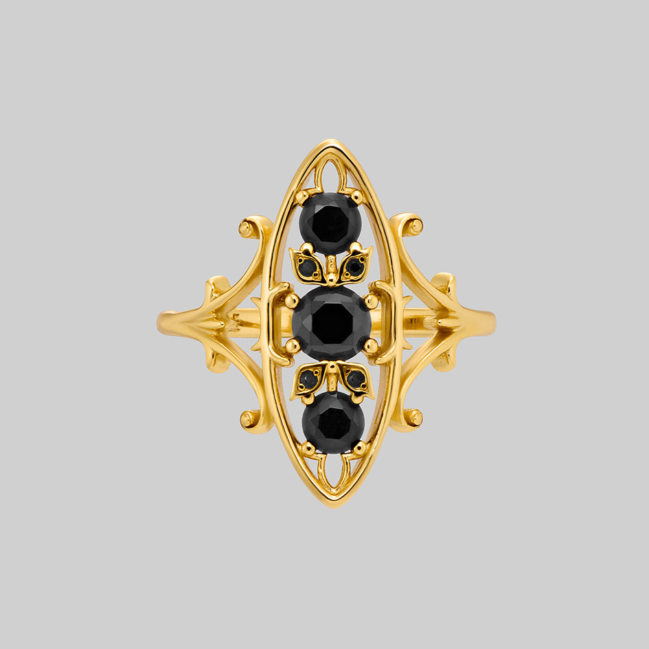 Heloise 18k gold plated silver oval ring with three black onyx stones