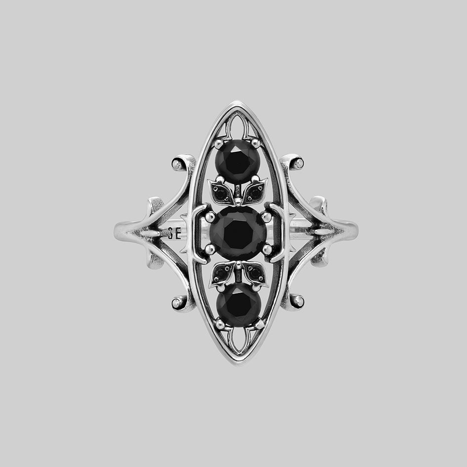 Heloise sterling silver oval ring with three black onyx stones