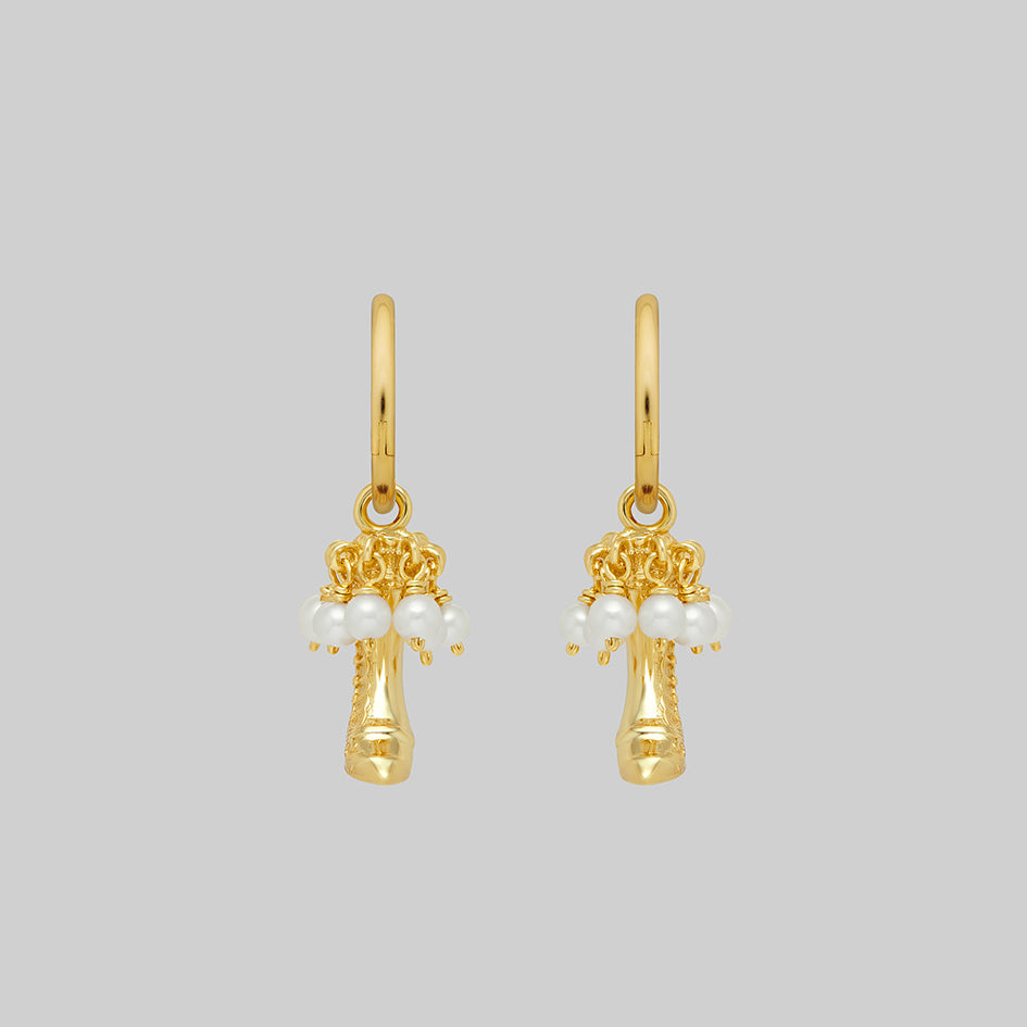 Gold witches boot pearl hoop earrings, pair, front view