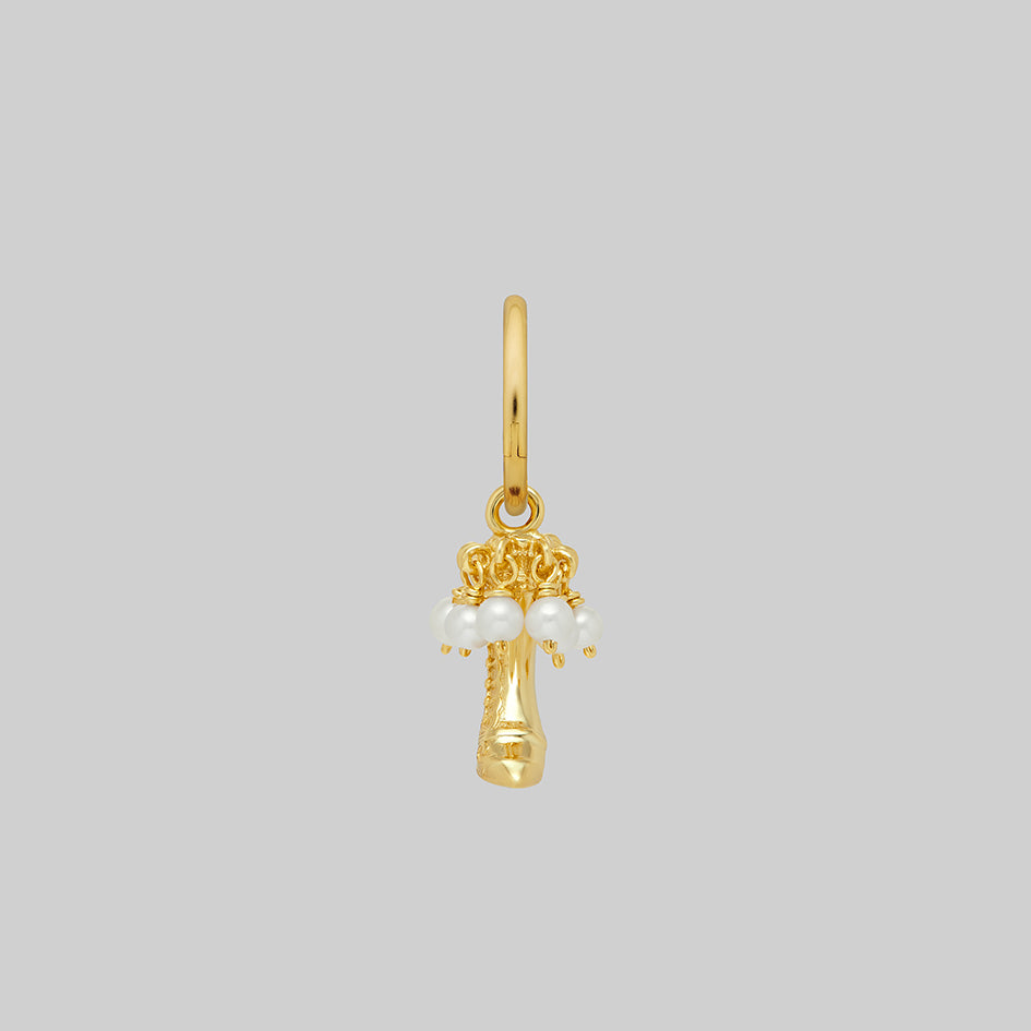 Single gold witches boot pearl hoop earring, front view