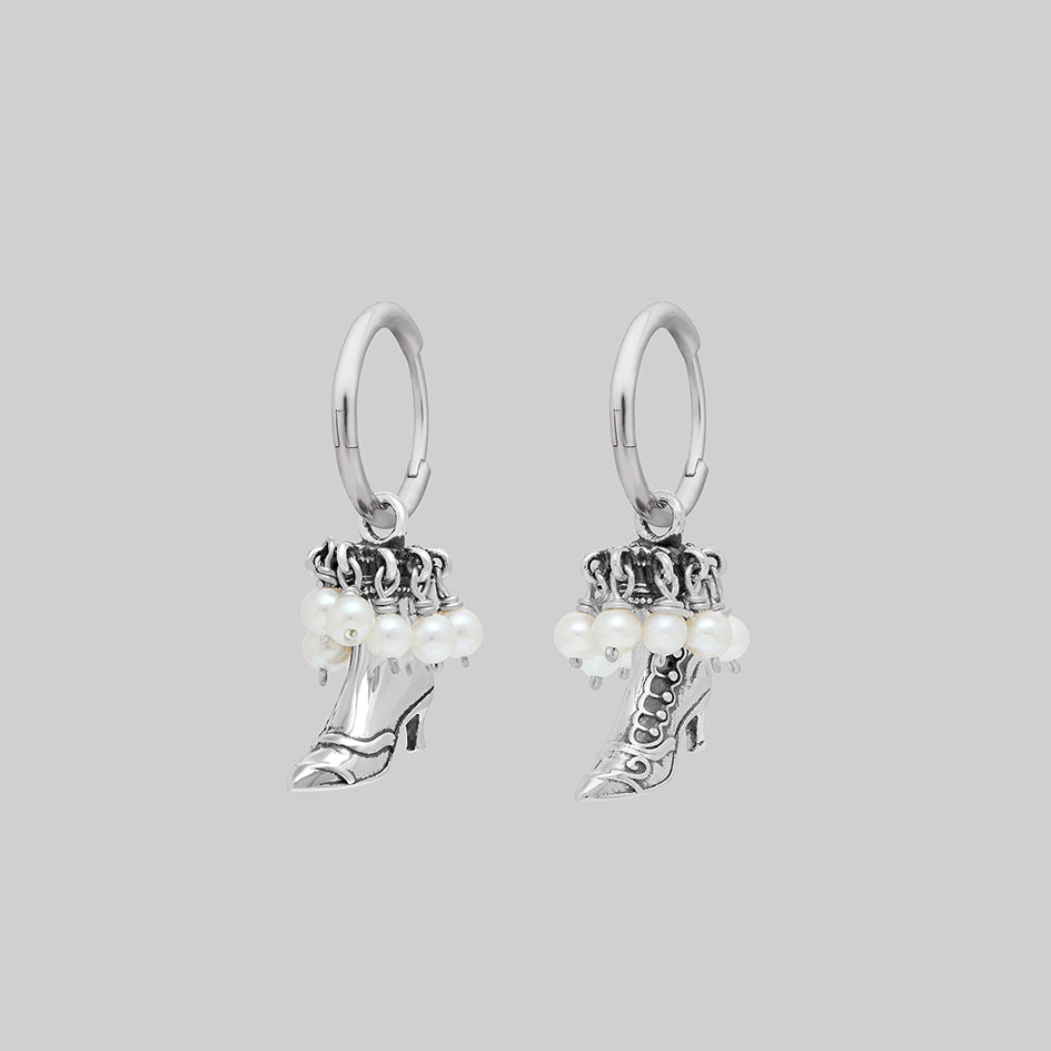 Silver witches boot pearl hoop earrings, pair, side view