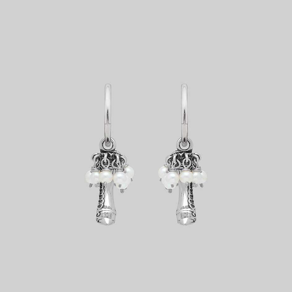 Silver witches boot pearl hoop earrings, pair, front view