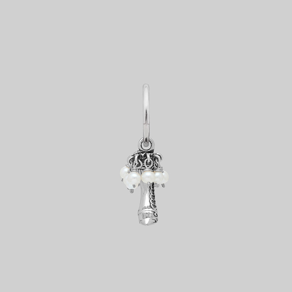 Single silver witches boot pearl hoop earring, front view