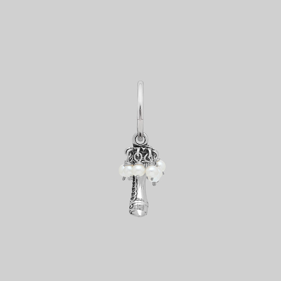 Single silver witches boot pearl hoop earring, front view