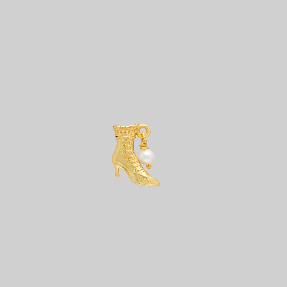 Gold witches boot stud earring with single pearl drop