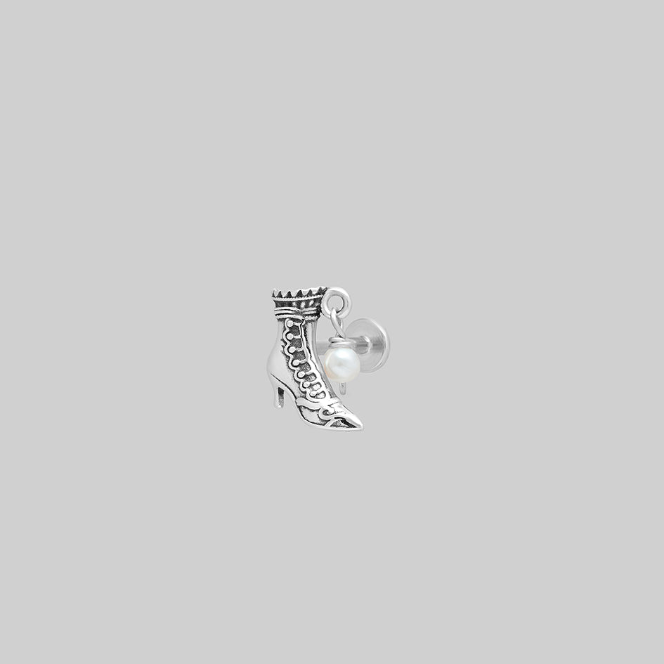 Silver witches boot stud earring, showing flat back post