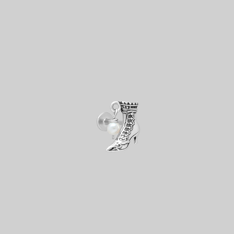 Silver witches boot stud earring, showing flat back post