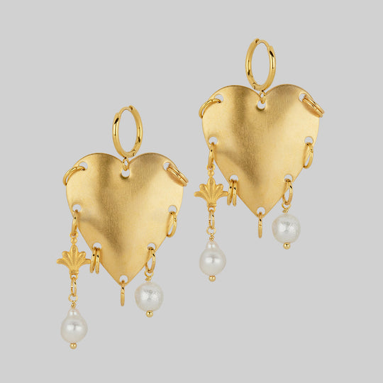 SLAIN. Pierced Heart & Pearl Hoop Earrings - Gold