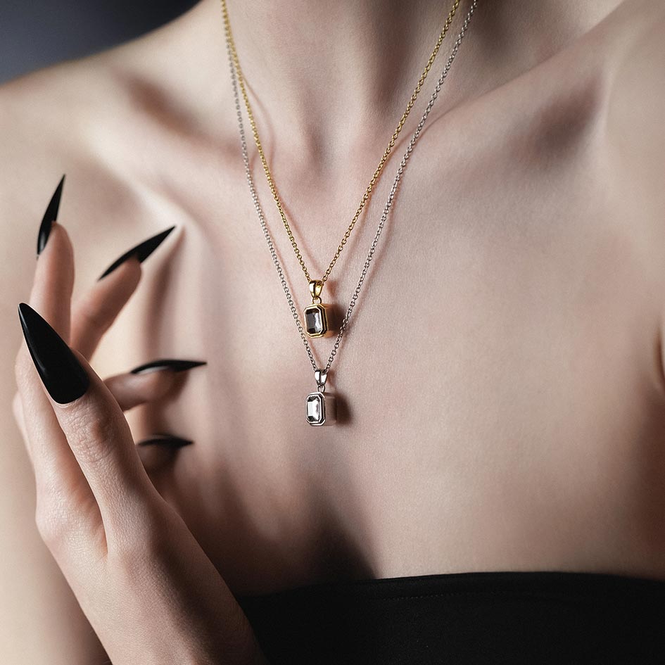 Gold and sterling silver Clear Quartz cremation necklaces layered at two lengths